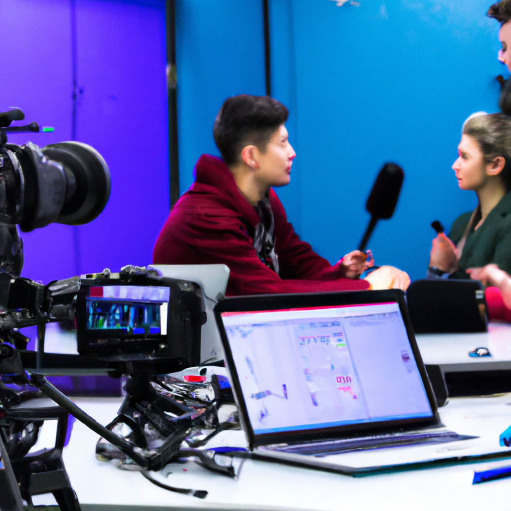 Students collaborating in a Canadian journalism classroom with cameras and laptops